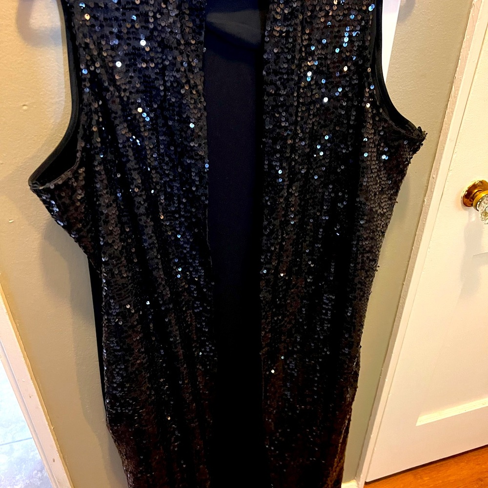 SEQUIN MIDI VEST 48.5” long! Rich, deep, black beauty!
